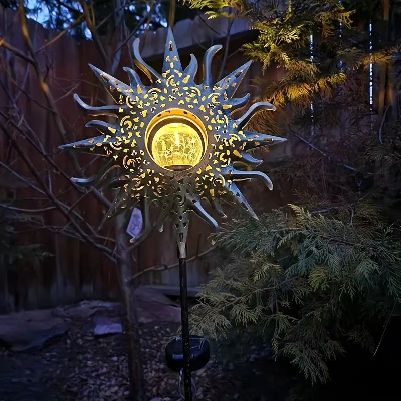 Solar Sun Garden Statue Light with Cracked Glass LED Globe IP65 Waterproof Decor