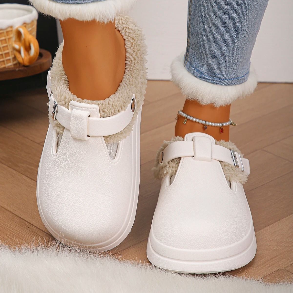 Waterproof Eva Furry Mules Slippers for Women with Plush Lining and Metal Buckle