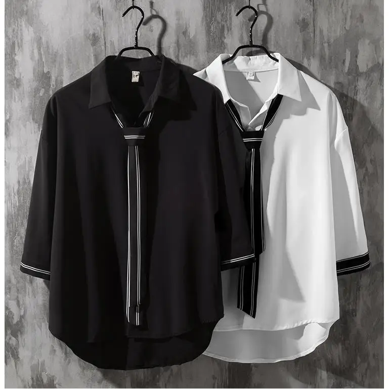 Spring Autumn Popular INS Short Sleeves Japanese Style Casual Shirt Mens Loose-Fit White Collar Button-Up Top for Summer