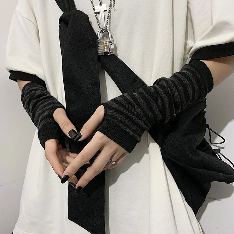 Winter Knit Fingerless Elbow Gloves Unisex – Hip-Hop Stripe Arm Warmers