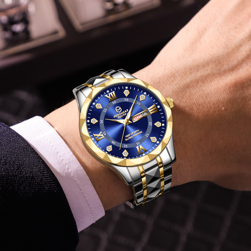 Luxury Waterproof Men's Watch with Date & Week Display, Luminous Quartz Wristwatch for Casual & Formal Use
