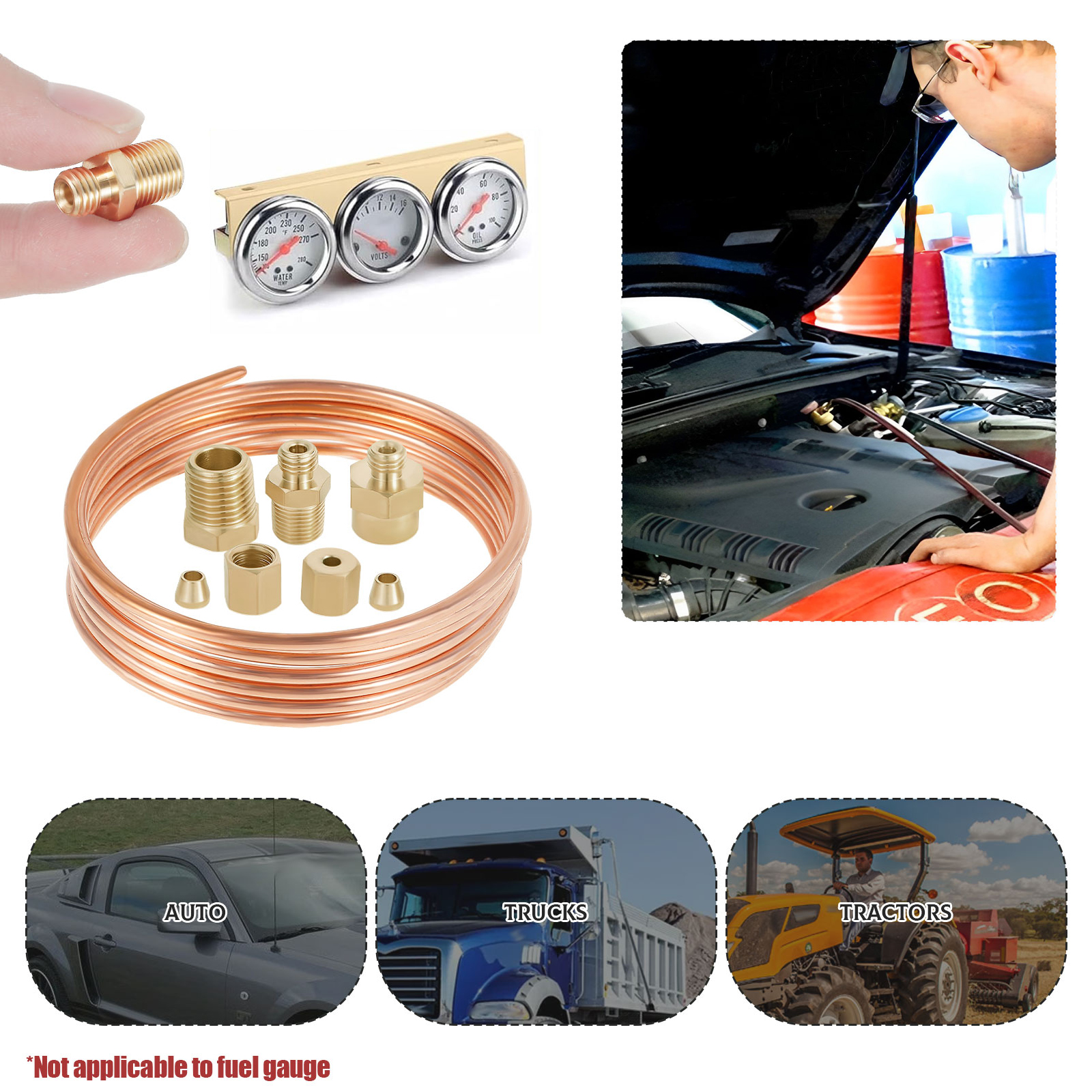 Oil Pressure Gauge Tubing Kit, Practical Oil Gauge Line Kit Set, Copper Tube, Threaded Parts for Tractor