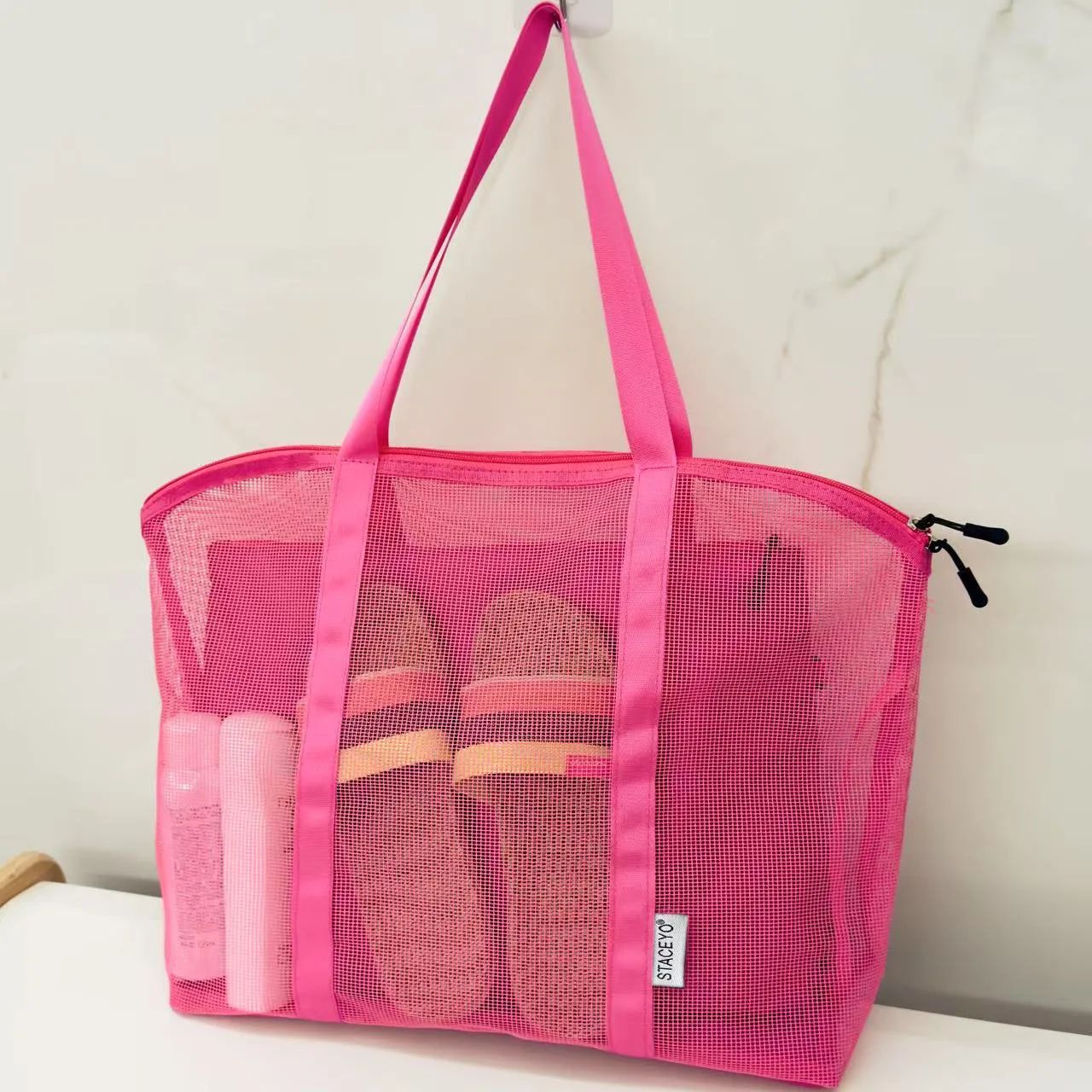 Large Mesh Beach Tote Bag with Liner – Foldable Travel Zipper Shopping Bag, Lightweight Luggage Carryall for Vacation