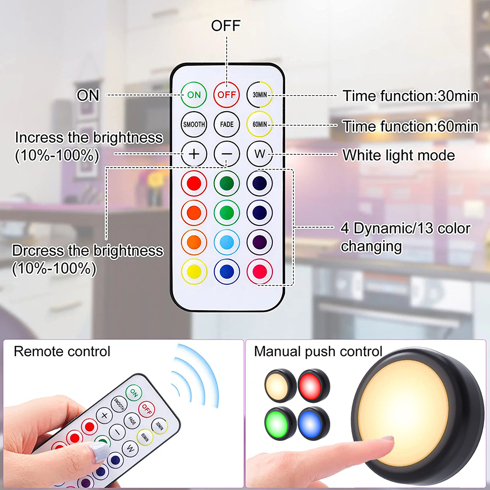 Wireless RGBW LED Puck Lights with Remote Dimmable Under Cabinet & Closet Night Lamp