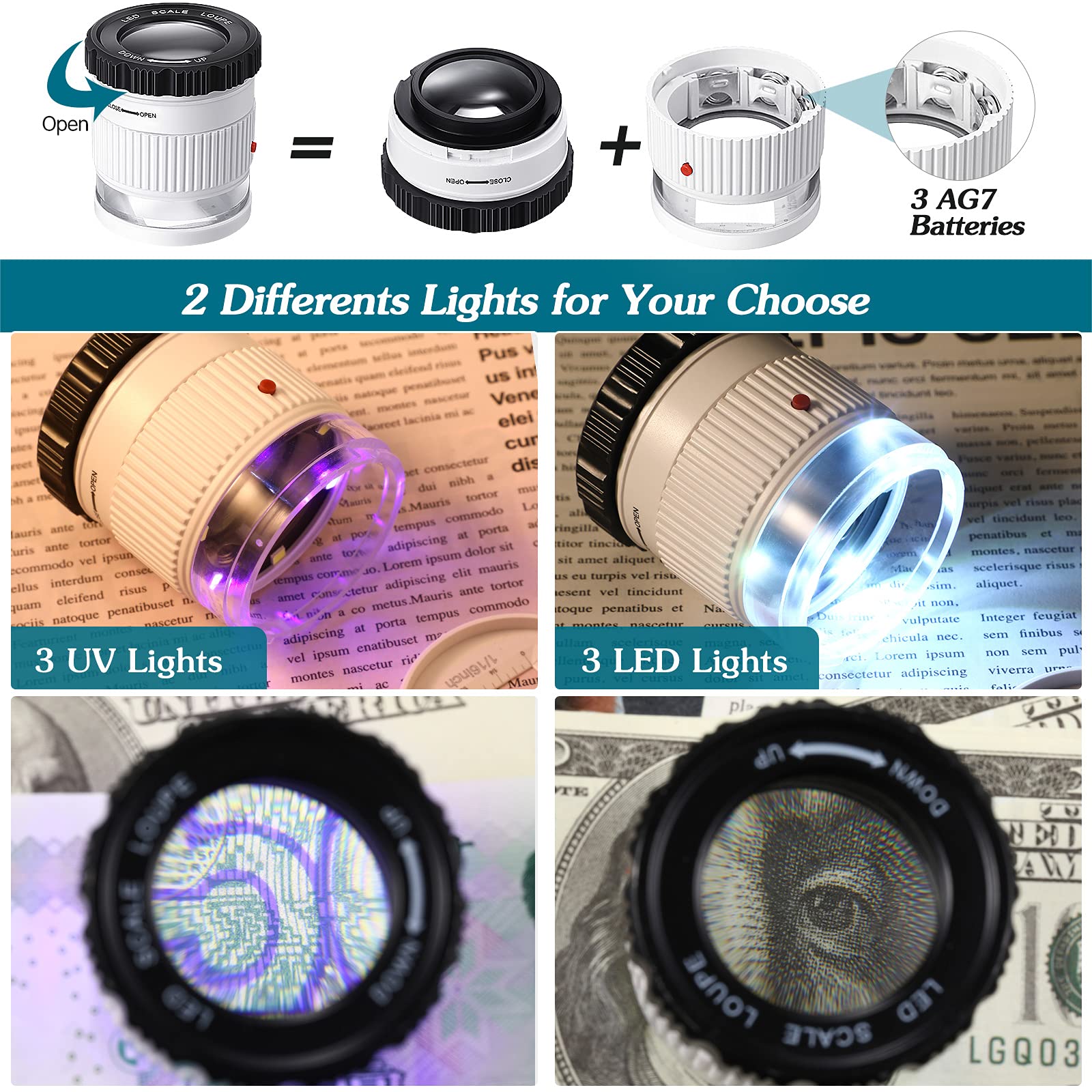 Cylindrical Handheld Magnifying Glass with Scale LED UV Light Illuminated Magnifier Adjustable Focal HD Loupe