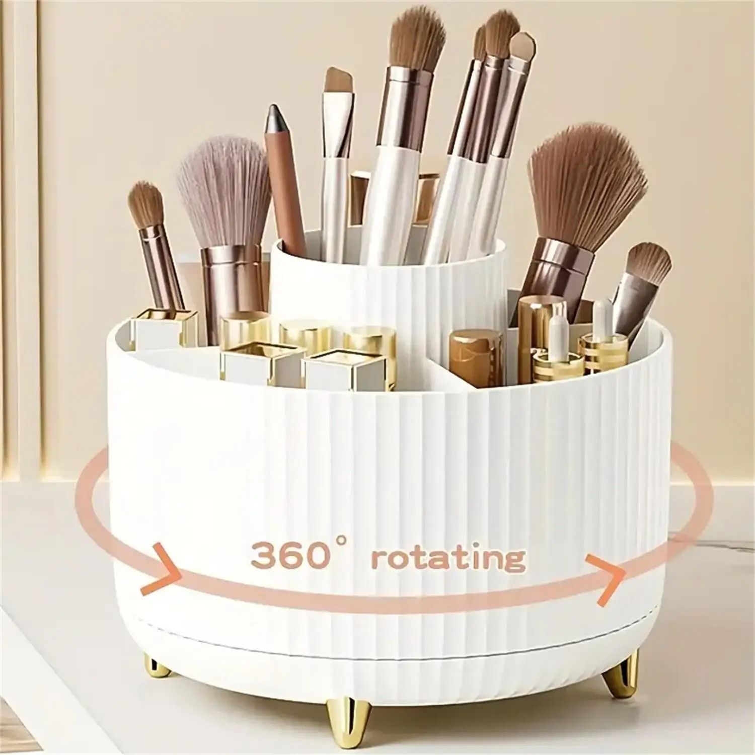 360 Degree Rotating Makeup Organizer Plastic Cosmetic Storage 5 Compartment Multi Functional Holder for Brushes