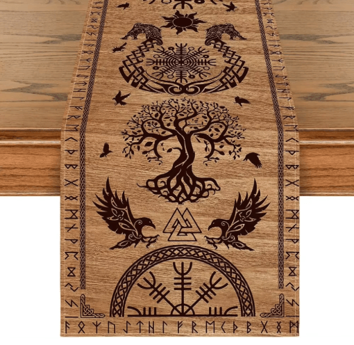 Vintage Viking Raven Linen Table Runner Norse Helm of Awe Dining Decor