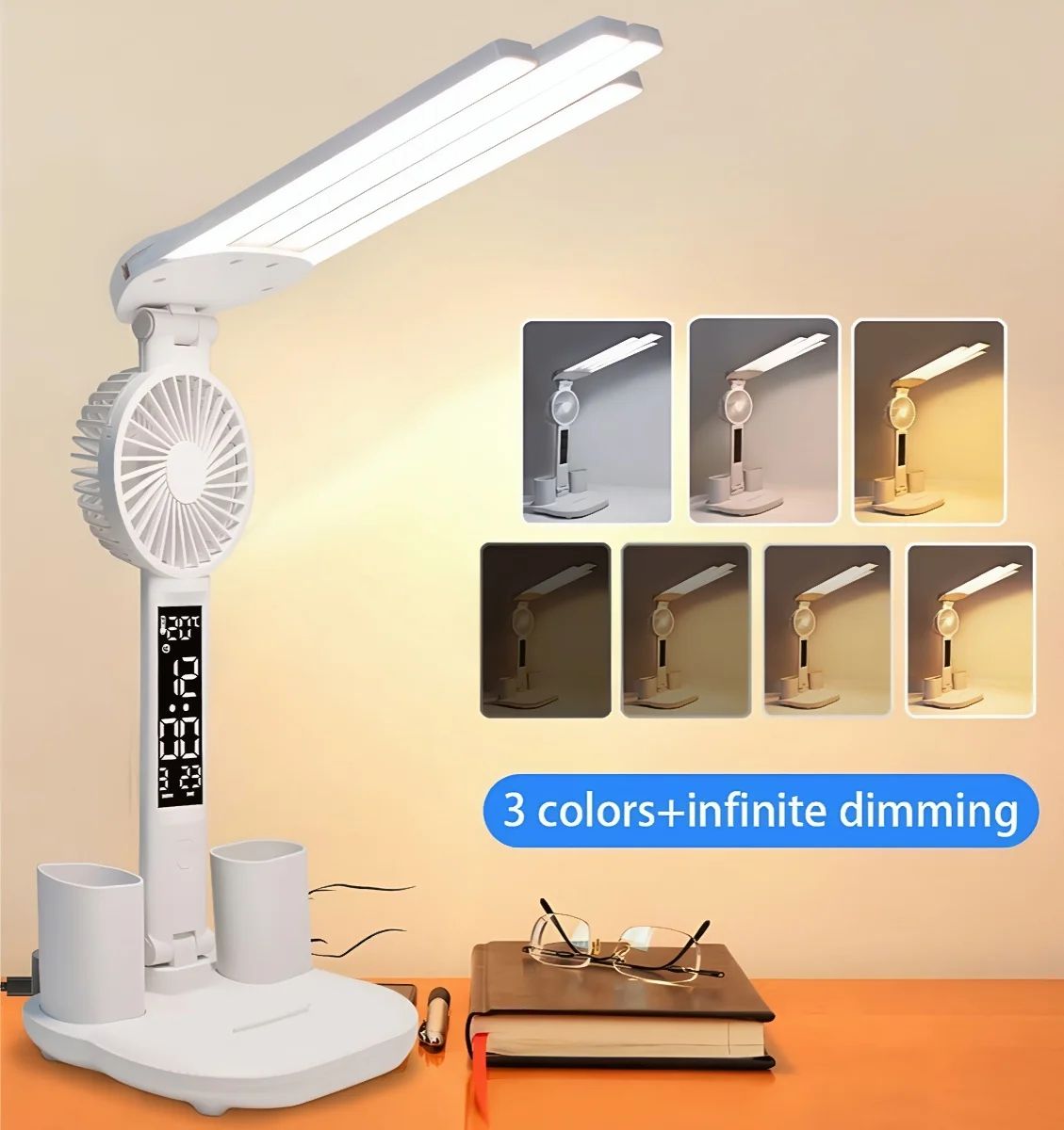 Multifunction USB Charging 3-Color LED Desk Lamp with Fan and Clock
