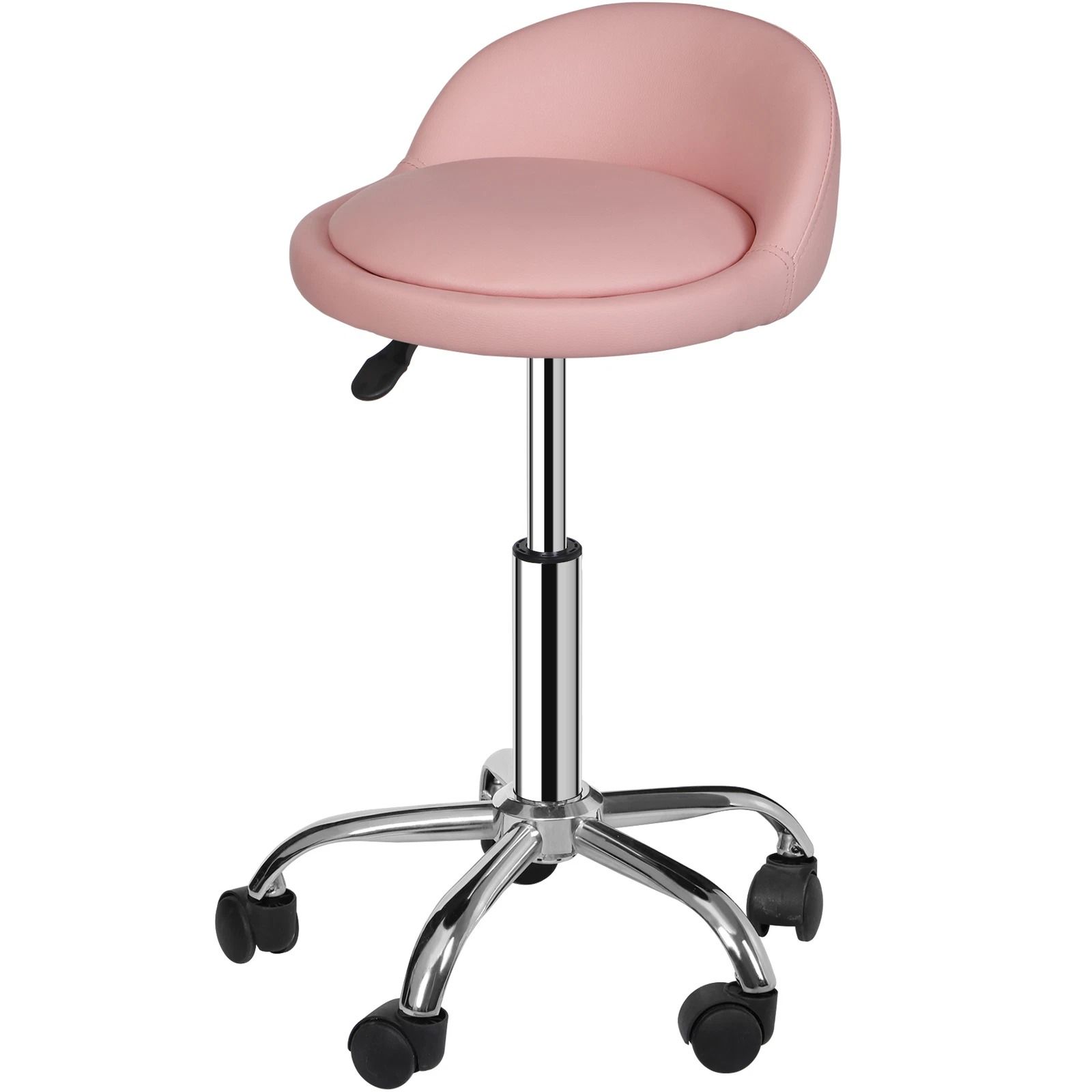 Adjustable PU Leather Rolling Stool, Pink Swivel Salon Chair with Cushion Backrest, Comfortable & Durable for Beauty