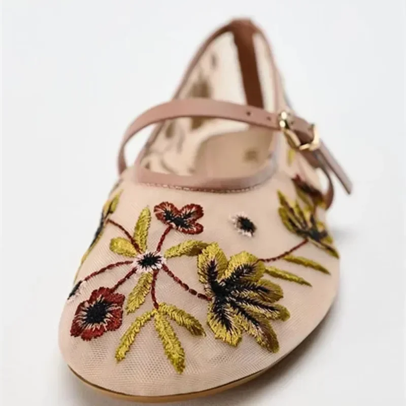 Luxury Designer Mesh Breathable Ballet Flats Women, Embroidered Flower Mary Jane Shoes, Lightweight Low Heel Summer