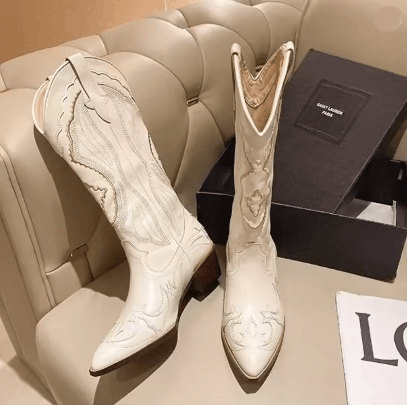 Vintage Western Cowboy Boots for Women with Embroidered Design and Thick Heel