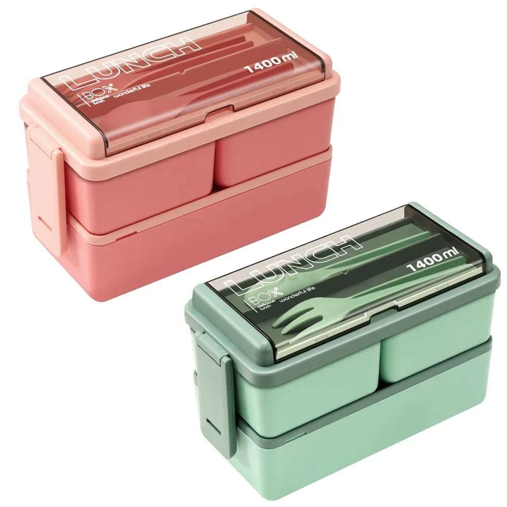 Double Layer Portable Lunch Box for Kids with Fork and Spoon Microwave Safe Bento Food Container