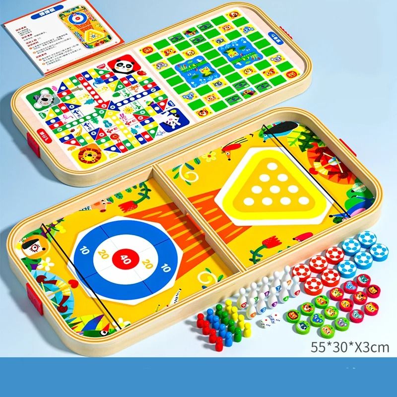 Wooden Multi Game Board Set Bounce Chess Hockey and Bowling Family Game