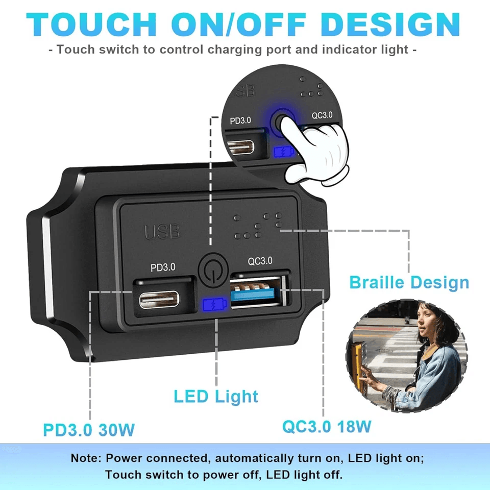 Car USB PD Socket Charger Adapter with Touch Switch & Braille