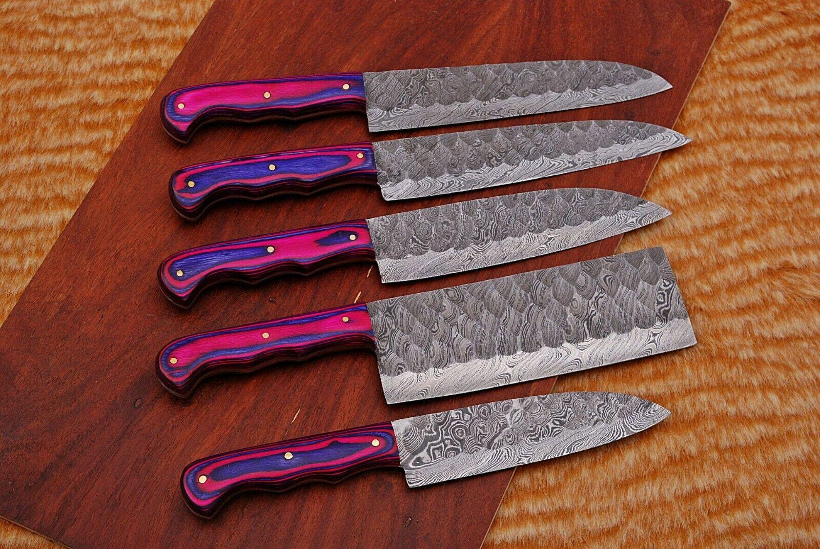 Damascus Steel Kitchen Knives Set – Handmade 5 Piece Chef Set with Pakka Handle