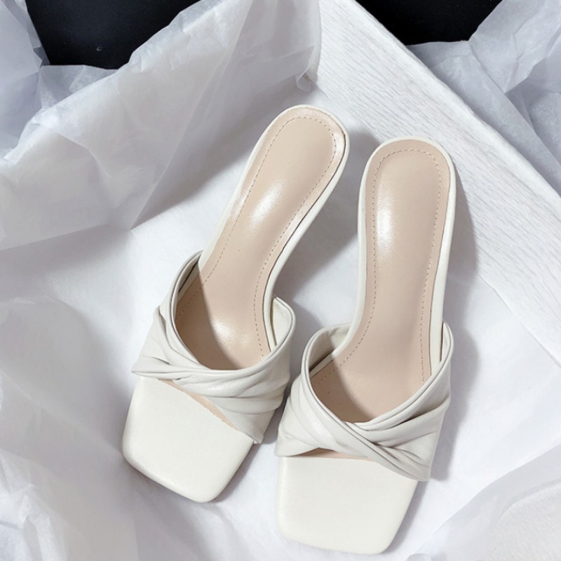 New Fashion Summer Handmade Women Shoes High Heels Square Open Toe Slippers Apricot Off White