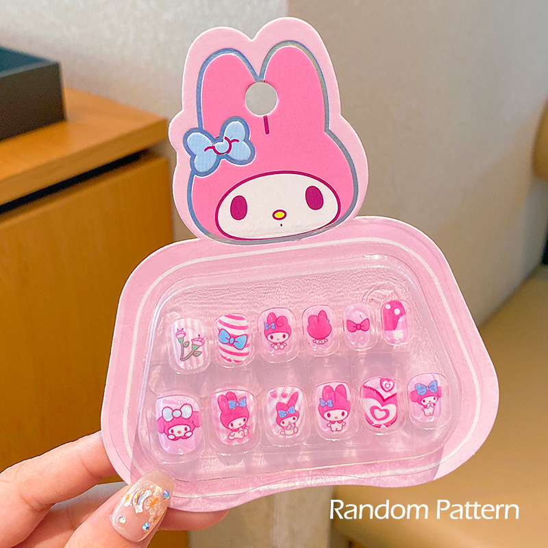 3D Rhinestones Sanrio Hello Kitty, Kuromi, My Melody Kids Press-On Nails with Bows, Self-Adhesive Nail Stickers