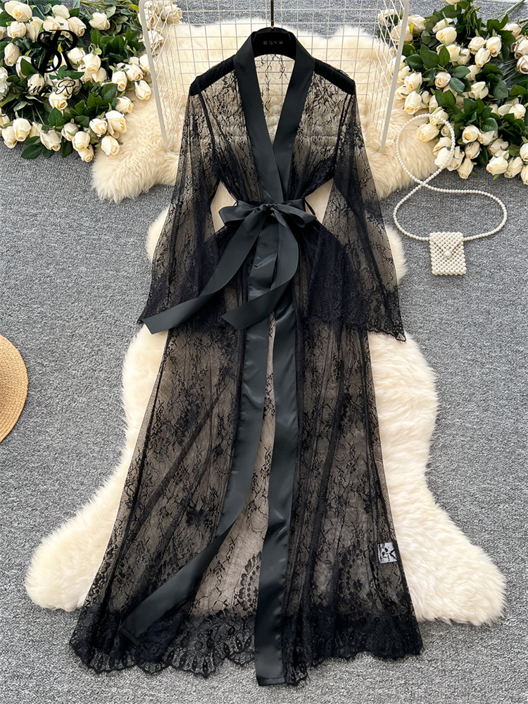 Lace Up Solid Long Sleeve Robes, Elegant Sheer Cardigan Long Robes Female, Fashion Women Transparent Lace Sensual Robes