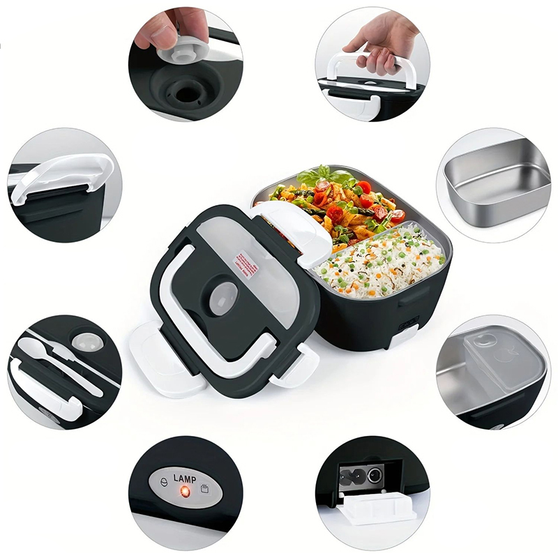 Electric Heating Lunch Box, Stainless Steel Food Warmer Container, Car Truck Office Heater, Black Set