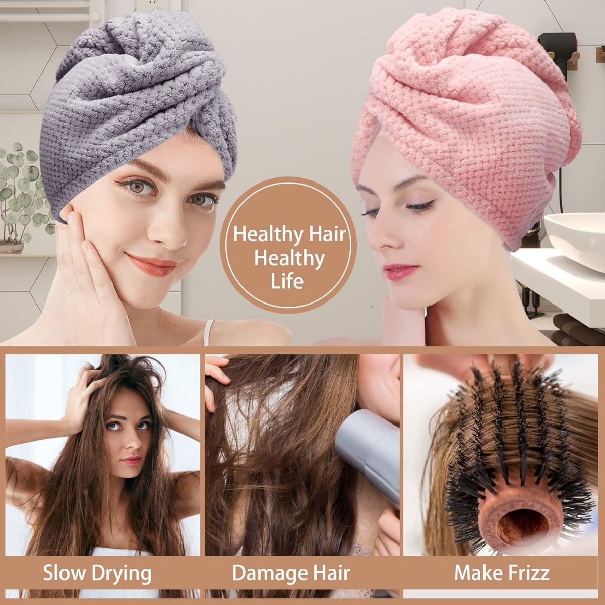 Quick Dry Hair Towel Wrap with Button Soft Microfiber Hair Turban Towel