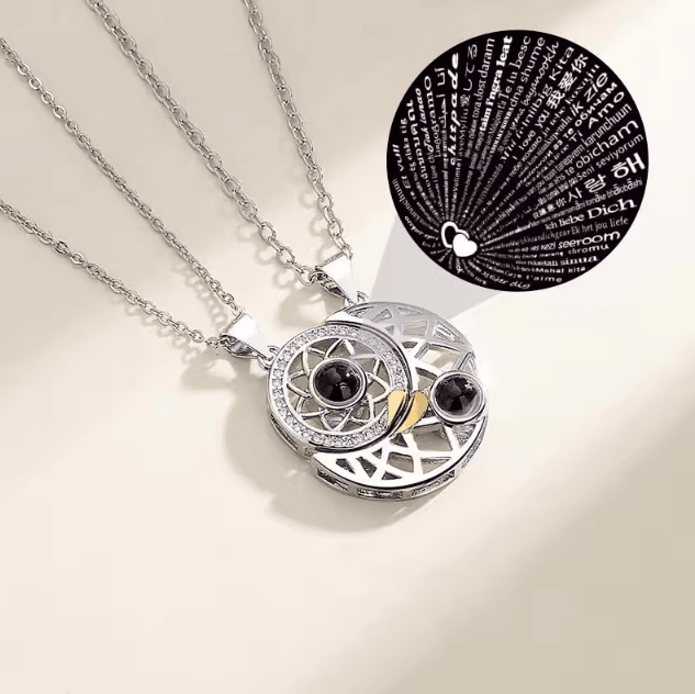 EternalBond 2-Piece Magnetic Couple Necklace – I Love You in 100 Languages Projection Heart Set