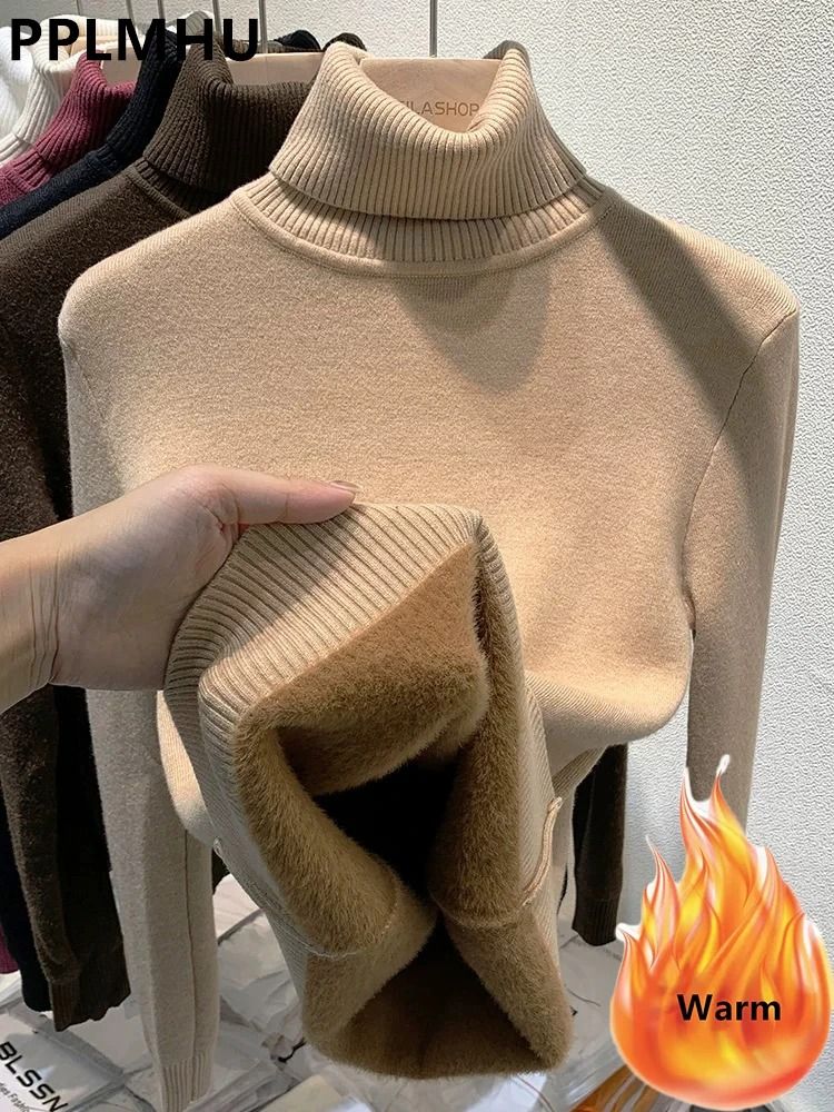 Elegant Thicken Velvet-Lined Turtleneck Sweater – Slim Knit Pullover & Warm Winter Jumper