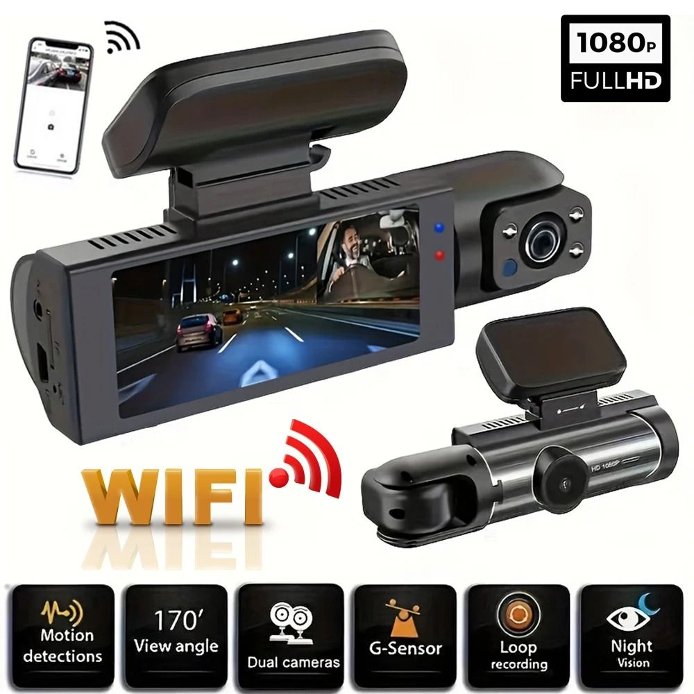 1080P WiFi Dual Dash Cam | Front & Interior Car Camera with IR Night Vision & Loop Recording