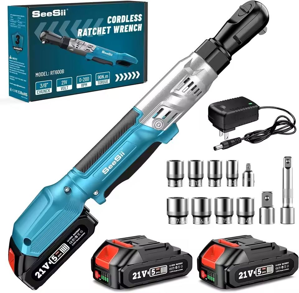 Cordless Power Ratchet Wrench Kit with Two Batteries and Variable Speed for Automotive and DIY Use