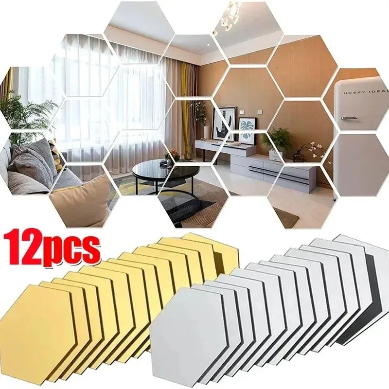 12 Pack Hexagon Acrylic Mirror Wall Stickers DIY Removable Home Decor Art Decals