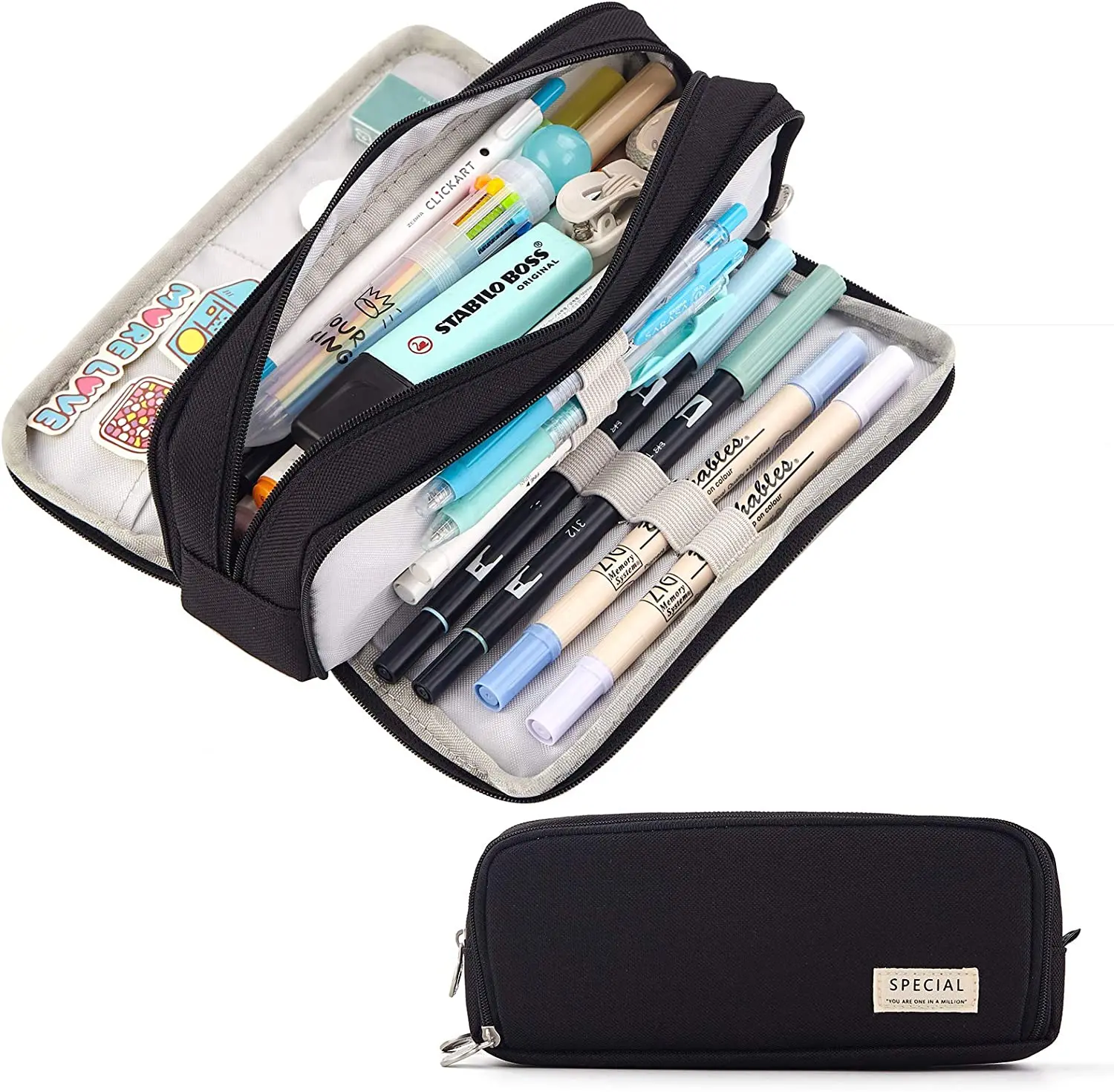 Large Pencil Case Storage Organizer, 3 Compartment Student Pouch, Double Side Opened School Supplies Gift