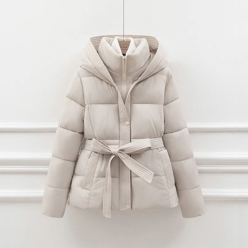 Womens Slimming Hooded Puffer Jacket | Belted Winter Cotton Coat