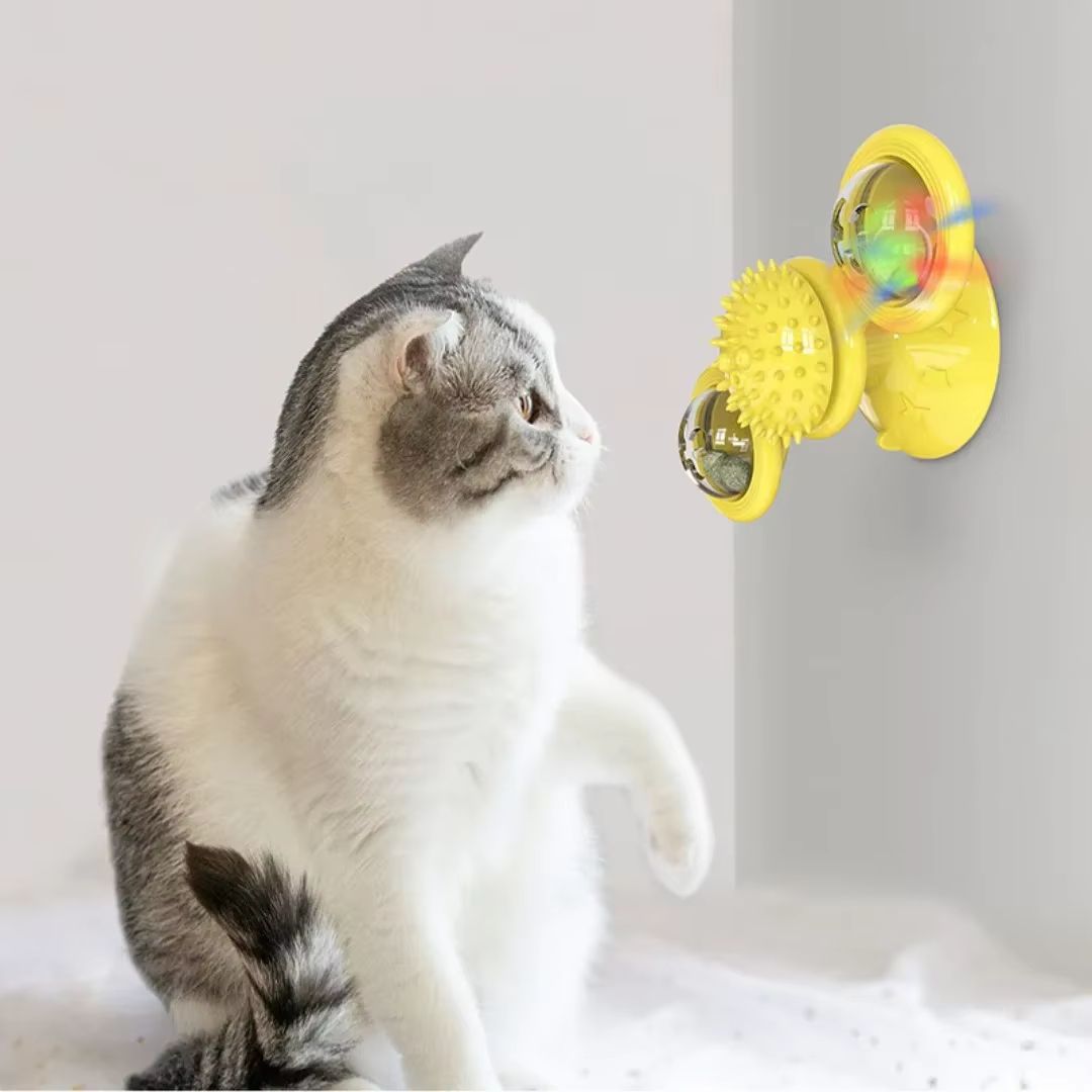 Windmill Interactive Cat Toy with Suction Cup, Catnip Ball Toy & Tooth-Cleaning Brush