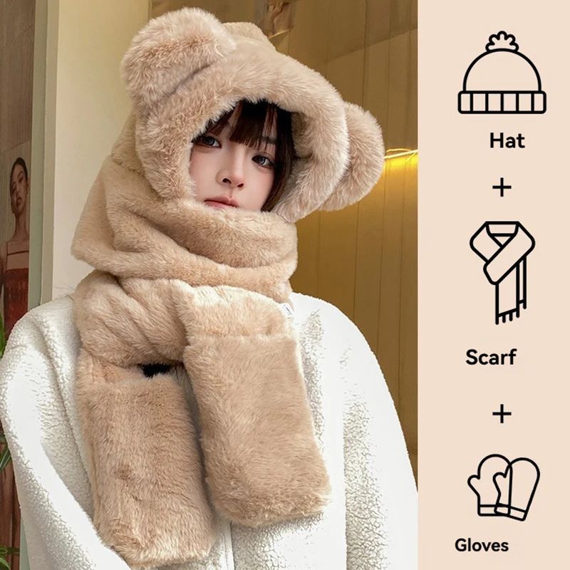 Plush Fleece 3-in-1 Bear Ear Hooded Cap Scarf and Gloves Set