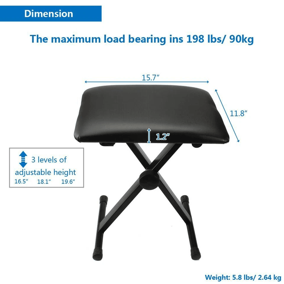 Adjustable Piano Bench, Padded Keyboard Chair with Rubber Feet & Steel Frame