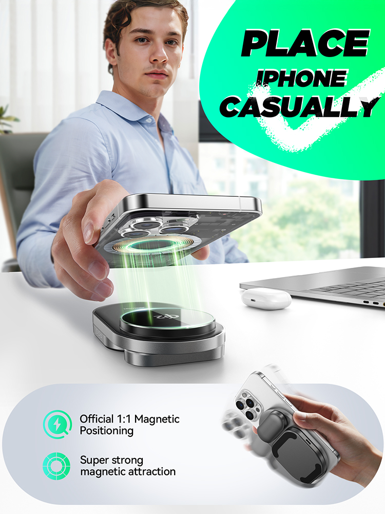 Foldable Qi2 3 in 1 Wireless Charging Station, Fast Wireless Charger Stand, iPhone & Apple Watch