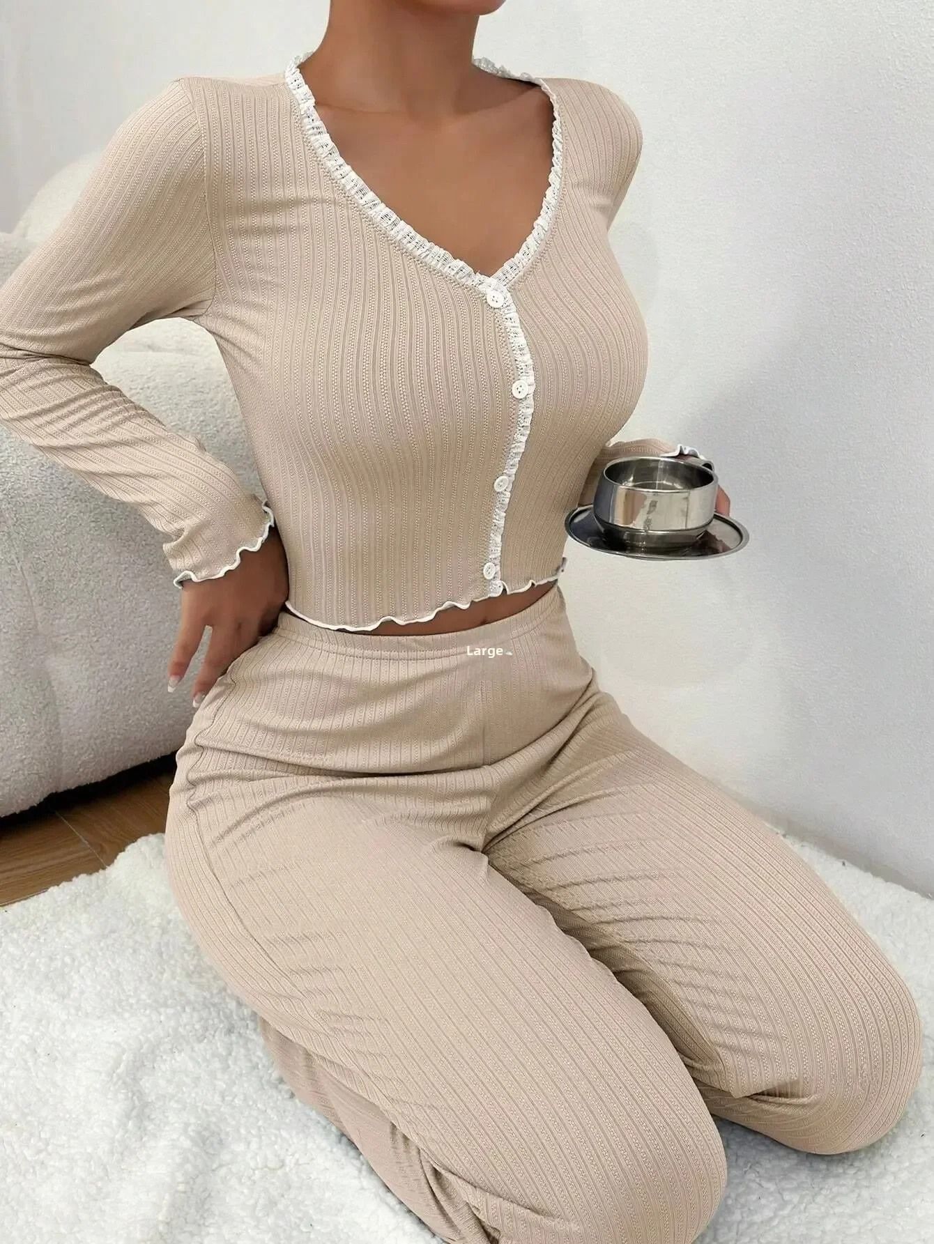 Women Autumn Winter Pajamas Set Lace Trim Long Sleeve Shirt and Pants Sleepwear