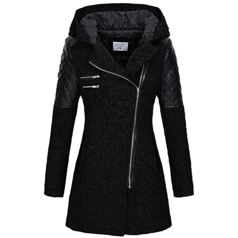 Autumn & Winter Hooded Woolen Diagonal-Zip Coat for Women