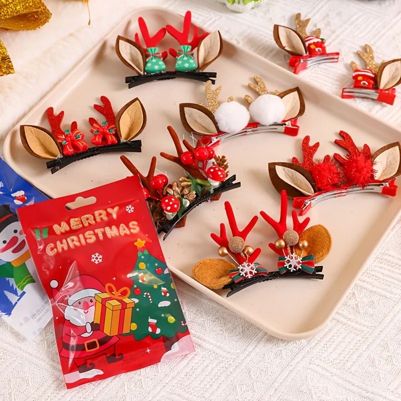 Christmas Deer Antler Hair Clips Set With Santa Hat And Reindeer Style