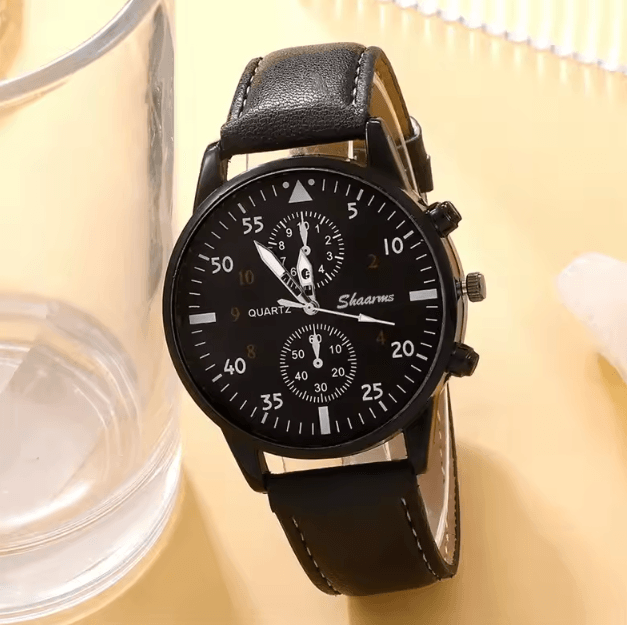 5PCS Mens Quartz Watch and Bracelet Set Leather Strap Business Casual Fashion Wristwatch Gift Set