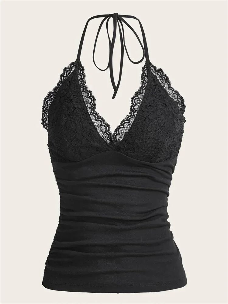 Lace V-Neck Halter Backless Crop Top – Ruched Y2K Grunge Goth Cami