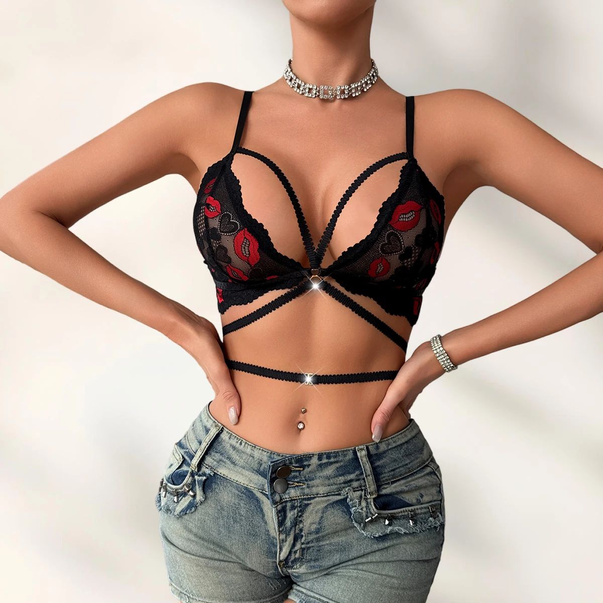 Black Lip Print 3/4 Cup Wire-Free Bra – Sexy No-Pad Fashion Lingerie