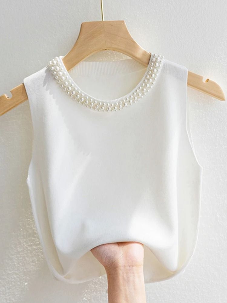 Knitted Sleeveless Beaded Tank Top Women Solid Summer Thin Fashion Vest