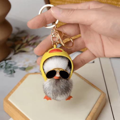 Cute Fluffy Duck Keychain Plush Little Duck with Helmet and Sunglasses Bag Pendant
