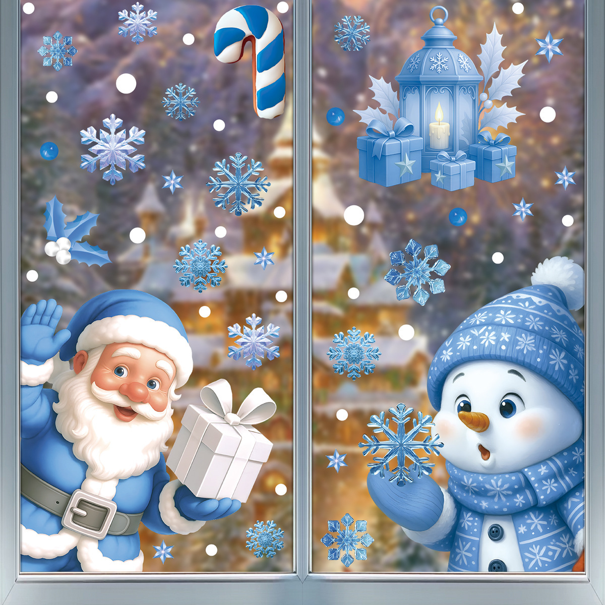 Festive Christmas Window Stickers Set Snowman, Santa & Snowflakes Decor