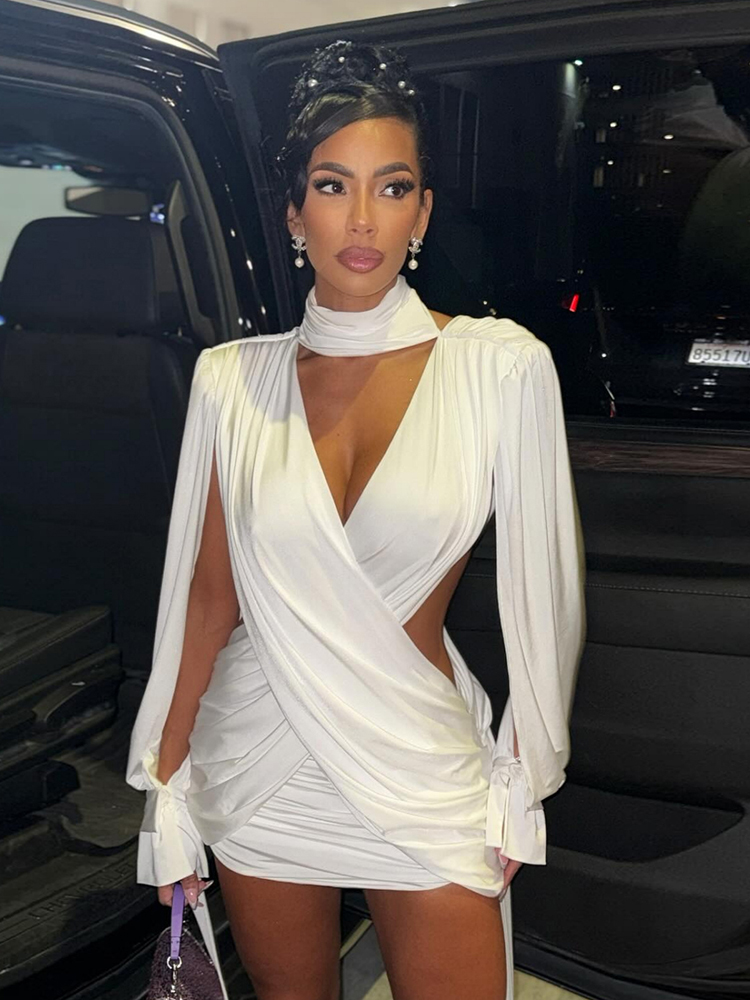 Nibber Waistless Dress for Women, Cross High Neck Bandage Mini Bodycon, Long Sleeve Backless Sexy Party Dress