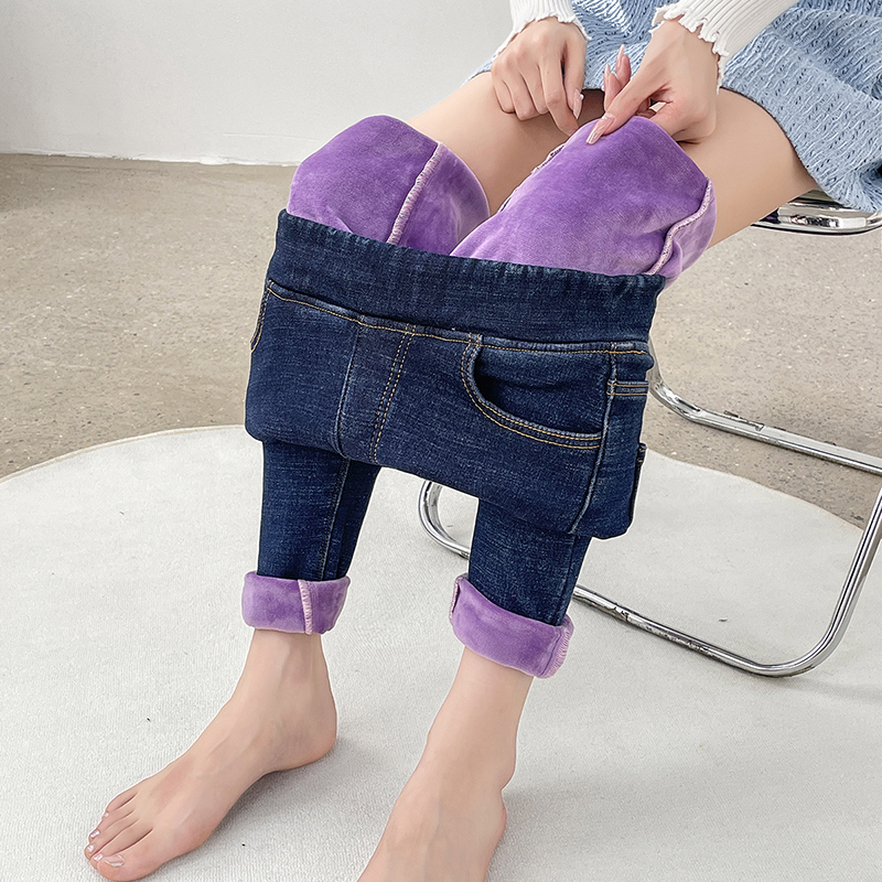 Womens Winter Jeans, Fleece Lined Slim Pencil Trousers, Elastic Waist Velvet Mom Denim Pants