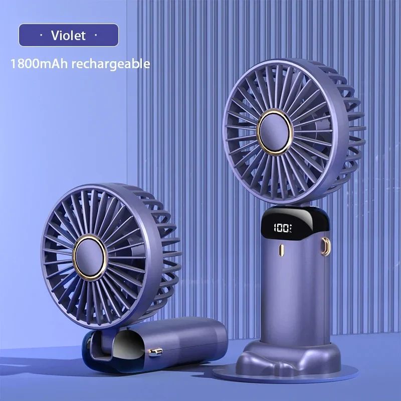 Foldable Handheld Mini Fan with Neck Hanging Design, 5 Speed USB Rechargeable Fan with Phone Stand, LED Display and 1800