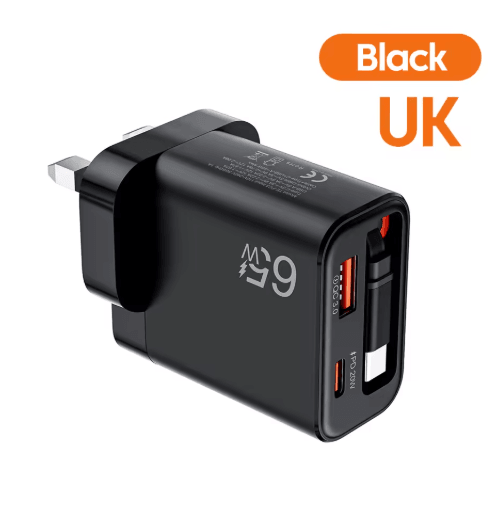 65W USB-C Fast Charger with Retractable Cable for iPhone and Samsung