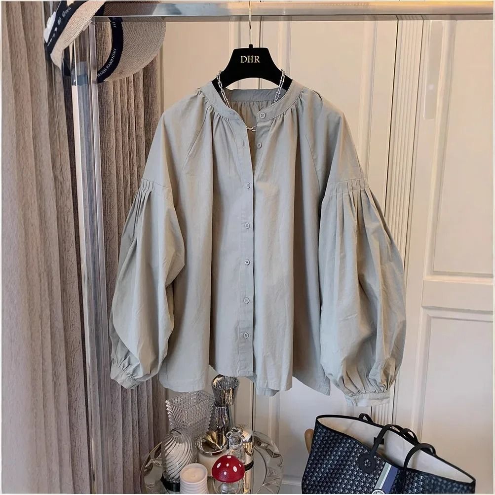 Womens Stand Collar Lantern Sleeve Shirt Korean Chic Oversized Button Up Blouse