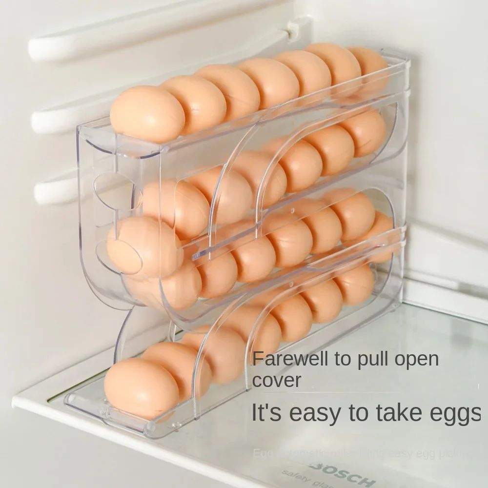 Large Capacity Automatic Egg Roller 4-Tier Refrigerator Egg Storage Box Space-Saving Kitchen Organizer
